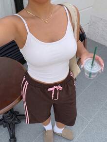 Muchica Plus Size Women's Fashion Striped Colorblock Drawstring Waist Knee Length Shorts Streetwear - Brown - View 5