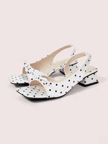 CUCCOO DOLLMOD Women's Shoes, Beige Upper Black Polka Dots, Satin Texture, Back Strap Sandals, Bow Square Toe Low Chunky Heels, Elegant Commuting Out Versatile Fash - Black and White - View 5