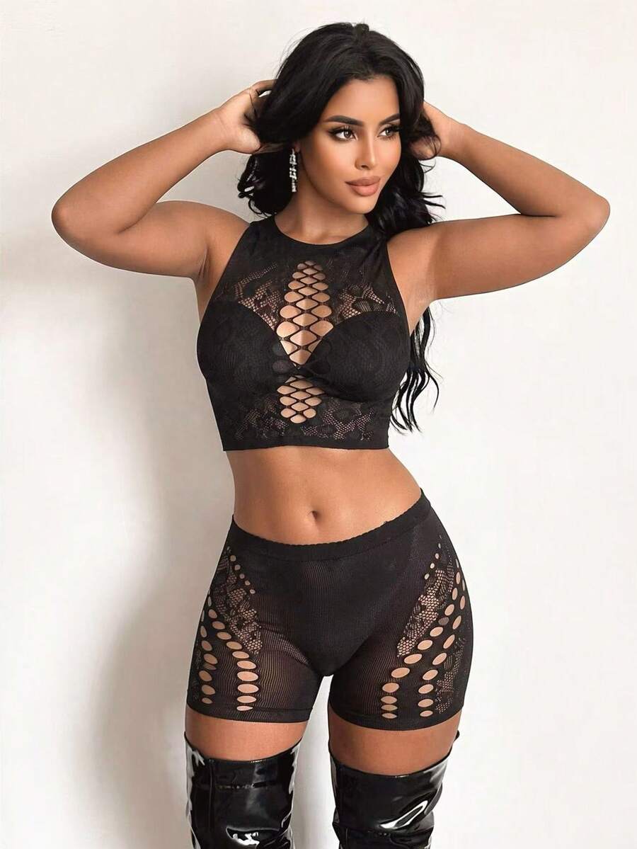 SHEIN Conjunto de Lingerie Sexy de Renda para Mulheres, Lingerie Sexy Adequada para Mulheres, Perfeita para Lua de Mel, Noite de Encontro e Outras Ocasiões. Esta Lingerie apresenta um design de malha, muito sexy e encantadora. Lingerie de Meia-Calça de Malha Sexy Adequada para Festa, Boate, Encontro, Apresentação, Noite de Casamento - Preto - Visão 1