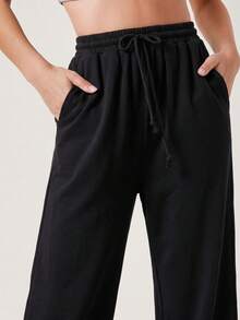 SHEIN BASICS 女款純色抽繩腰休閒百搭日常穿著運動長褲 - 卡其色 - 查看 4