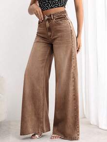 SHEIN PETITE Women's Casual Washed Loose Wide Leg Jeans - Coffee Brown - View 3