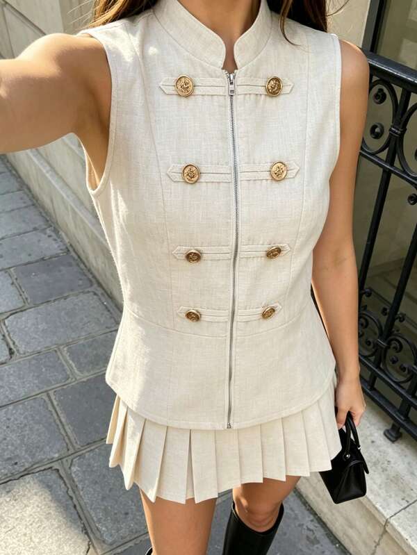 SHEIN PariChic Nouvelle chemise coupe slim style chinois avec petit col montant pour femmes/Gilet polyvalent à double boutonnage avec boutons métalliques et col montant