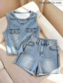 Franclia Women's Denim Effect Print Round Neck Tank Top And Shorts Casual Set - Blue - View 3