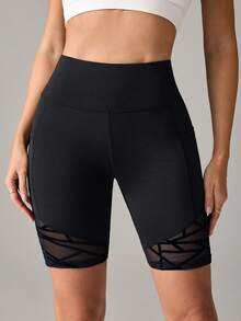 SHEIN Sports Flocked Mesh Splicing High Waist Seamless Sports Shorts - Black - View 6