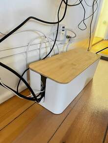 SHEIN 1 pieza Caja de almacenamiento de cables de bambú y madera, caja de almacenamiento de cables de datos, caja de gestión de cables de alimentación, caja de clasificación, estantería de cables de computadora y caja de enchufes - Blanco - Ver 4