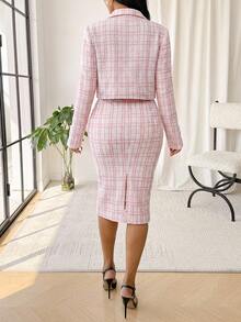 SHEIN Lady Women's Plaid Long Sleeve Jacket And Skirt Casual Daily 2 Pieces Set - Pink - View 2
