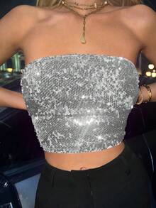 SHEIN ICON Top De Tubo Corto Con Lentejuelas Plateadas - Plateado - Ver 5