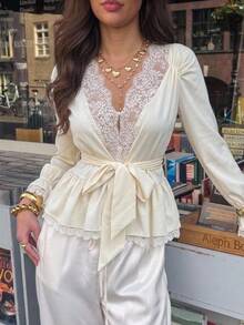 Serisse Women's Solid Color Contrast Lace Long Sleeve Waist Tie Elegant Blouse Dinner Date Date Night Beige Autumn - Apricot - View 12