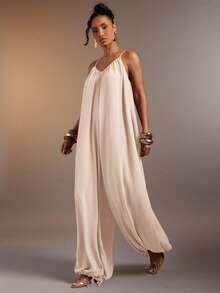 Hauture Women's Vacation Street Pleated Loose Cami Jumpsuit - Apricot - View 4