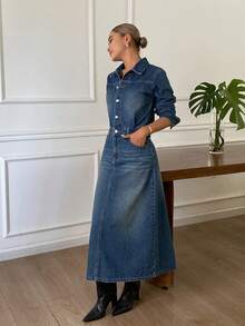 DAZY Đầm sơ mi denim nữ cổ bẻ tay dài phong cách urban casual cho mùa thu - Rửa trung bình - Xem 6