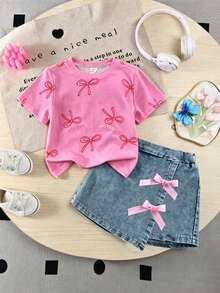SHEIN Playful Pals 返校季女童休閒可愛圓領標準肩彩色波點彩虹印花T恤與素色牛仔裙褲套裝，夏季 - 粉色 - 查看 5