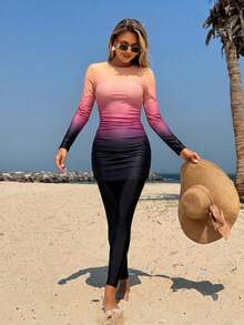 Swim Mulvari Setelan Baju Renang Wanita Atasan Lengan Panjang Gradien dan Legging Ketat untuk Liburan - MultiWarna - View 6