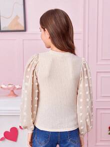 SHEIN Serisse Kids Tween Girl Swiss Dot Lantern Sleeve Waffle Knit Tee - Beige - View 5