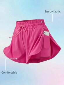 SHEIN Cheerettes Women's Plus Size Drawstring Waist Casual Versatile Daily Travel Sports Shorts Pink Double Layer Shorts Soft Stretch Fabric Inner Side Pocket Split - Tropical Pink - View 2