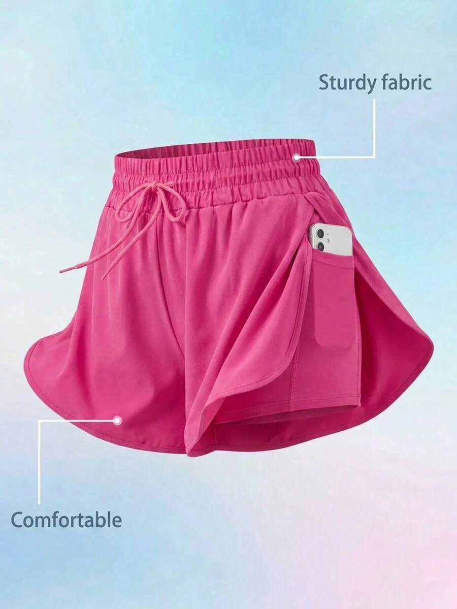 SHEIN Cheerettes Women's Plus Size Drawstring Waist Casual Versatile Daily Travel Sports Shorts Pink Double Layer Shorts Soft Stretch Fabric Inner Side Pocket Split