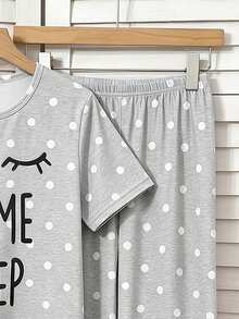 Teen Girls 2-Piece Set Summer New Arrival, Grey & White Polka Dot Print, Korean Sweet Style, Round Neck Short Sleeve Top & Long Pants, Soft Milk Silk Knit Fabric, Loose Comfortable Fit, Playful Letter & Eyelash Print Design, Energetic Girl Vibe, Loungewear Can Be Worn Out - Grey - View 7