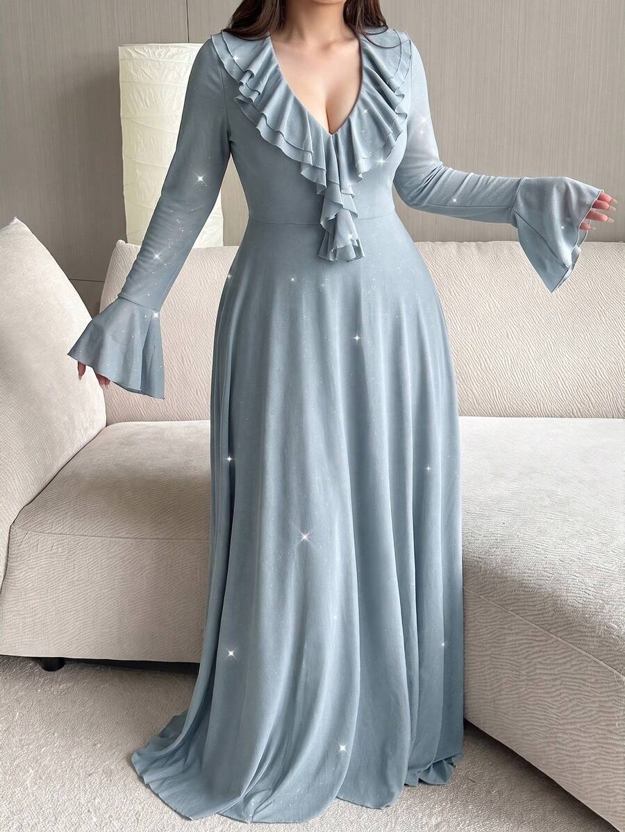Vibekara Plus Size V-Neck Ruffle Sequin Sequins Fabric Flare Sleeve Dress-Combines Sweetness And Sexiness, Suitable For Daily Wear, Birthday Party, Cocktail Party, Wedding Guest, Elegant Dinner, Romantic Date And Thanksgiving Gathering; Long Formal Gown Also Can Be Used As Halloween Costume, Floor-Length Maxi Dress, Suitable For Autumn/Winter Season - Baby Blue - View 1