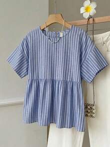 SHEIN EZwear 女款條紋百褶休閒百搭日常穿著襯衫 - 藍色 - 查看 5