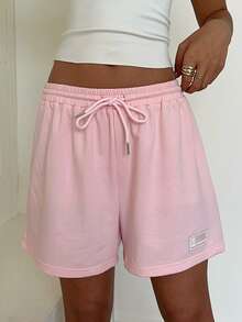 SHEIN EZwear 夏季寬鬆休閒粉色抽繩腰貼布設計運動短褲 - 粉色 - 查看 4