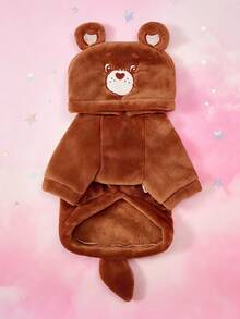 Care Bears X PETSIN 1件棕色心形熊刺繡寵物Cosplay連帽衫，附3D尾巴，天鵝絨保暖厚款運動衫，適合貓狗，適合舒適室內休息或寒冷戶外冬季散步 - 棕色 - 查看 4