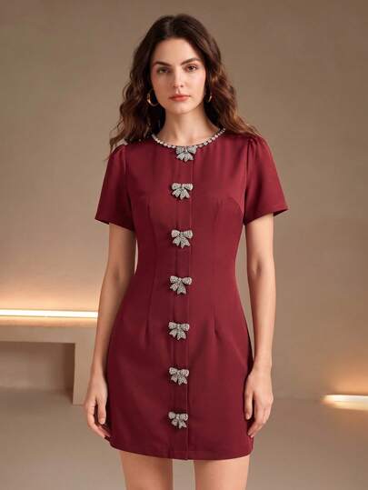 Anewsta Vestido elegante nuevo para mujer con lazo de diamantes, vestido de fiesta de manga farol brillante color burdeos