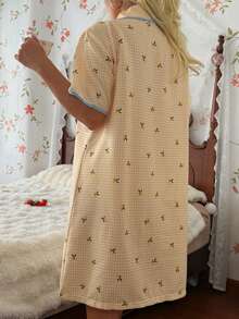 CottageSlumber Contrast Trim Lemon Plaid Print Nightgown, Comfortable Shirt-Style Loungewear Dress - Yellow - View 2
