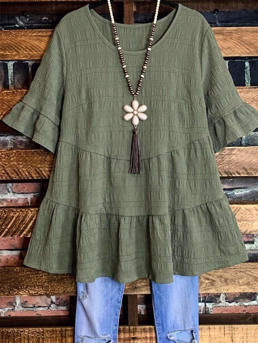 Linhara 大尺碼女款夏季圓領荷葉邊短袖純色紋理上衣 格紋上衣 波希米亞風女裝 夏季度假上衣 - 綠色 - 查看 1