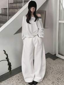 DAZY Women's Plaid Loose Casual Solid Color Girlish Versatile Pants, Suitable For All Seasons Fall - White - View 3