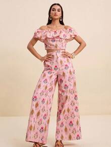 LOTSLUV Women's Early Autumn Elegant Commute, Pink Print, Off-Shoulder Cropped Top And Printed Long Pants Two Pieces Set,Vacation Outfits,Office Casual - Pink - View 6