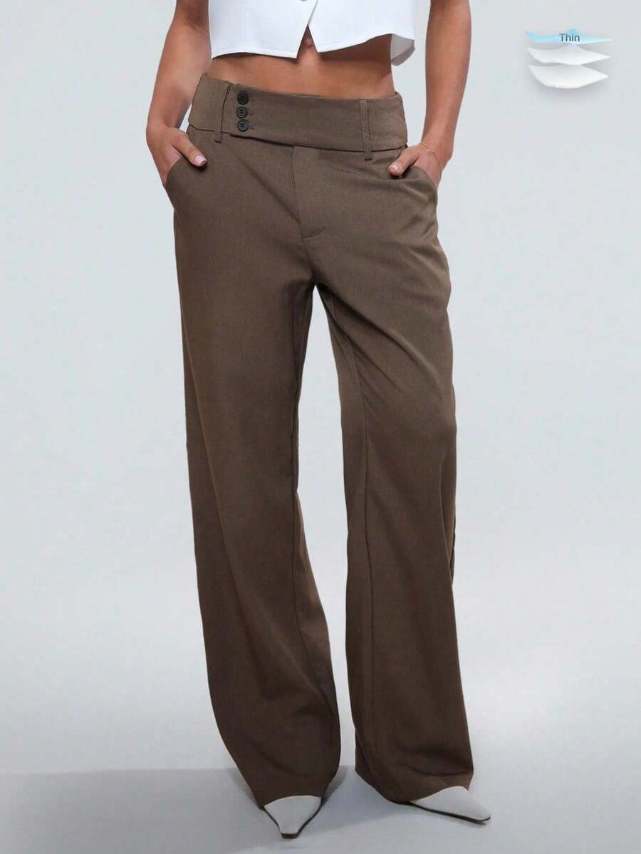 TRNVIE Pantalones rectos de unicolor minimalistas casuales para ir y venir - Marrón - Ver 1