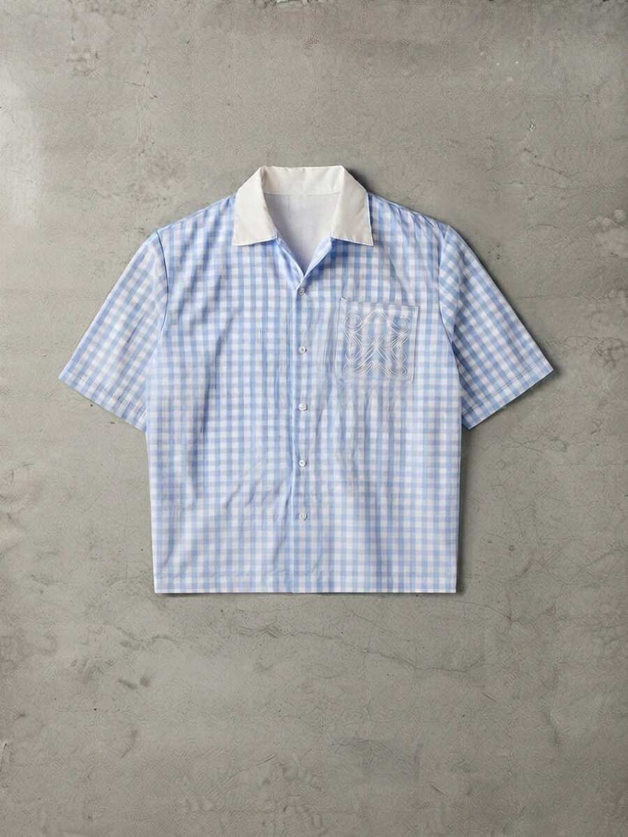 SUMWON Gingham Checked Cropped Boxy Short Sleeve Button-Front Shirt With Contrast White Collar And Chest Embroidery Detail - Blue and White - View 1