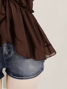 SHEIN ICON Plus Size Women's Ruffle Chiffon Solid Color Tie Strap Camisole - Brown - View 4