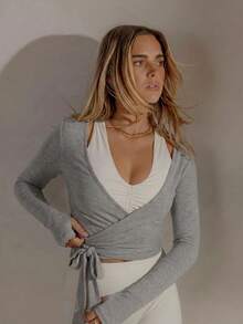Aralina Solid Color Tie-Front Cropped Sports T-Shirt - Grey - View 6