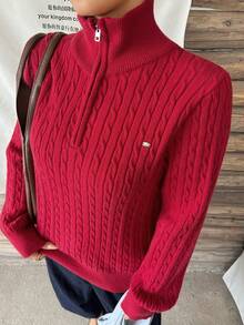 Dazy Plus Solid Color Casual Half-Button Loose Fit New Year Red Christmas Long Sleeve Pullover Sweater, Autumn/Winter - Red - View 8