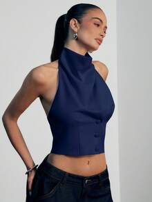 Hauture Women's Sexy Casual Office High Mock Drape Neck Backless Blazer Best Top - Navy Blue - View 3