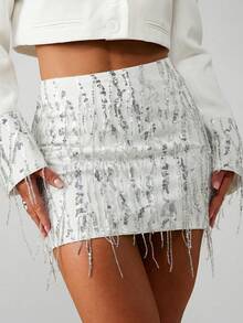 MISSGUIDED 亮片流苏迷你裙，饰有穗边细节，派对晚宴魅力吸睛单品 - 白色 - 查看 5
