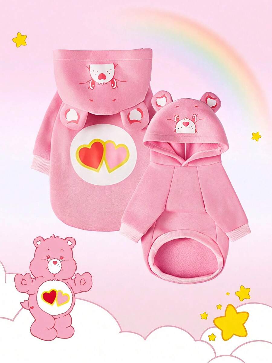 Care Bears X PETSIN 1件 Love-A-Lot 熊粉色貓狗連帽衫,可愛卡通印花搭配 3D 耳朵帽頂,超柔軟舒適,防跳蚤、不易掉毛、透氣,讓您的寵物在日常穿著或裝扮時保持溫暖且可愛 - 粉色 - 查看 1