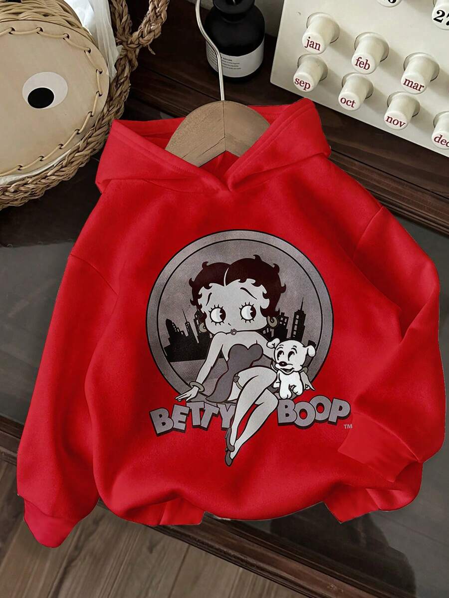 Betty Boop x SHEIN SHEIN EZwear 休閒極簡卡通印花連帽長袖寬鬆加厚女款運動衫 - 紅色 - 查看 1