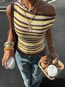 Siren Gaze Summer Striped Off-Shoulder Knit Top - Multicolor - View 5