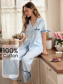 Snug Reverie Set Pakaian Santai Wanita 100% Katun Murni Warna Biru Lengan Pendek dan Celana Panjang dengan Bukaan Depan dan Pita, Desain Romantis dan Segar - Biru - View 5