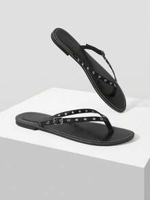 Mnmlis Flat Sandal With Crisscross Straps Adorned With Small Gold Studs. Summer Shoes - Black 3 - View 1