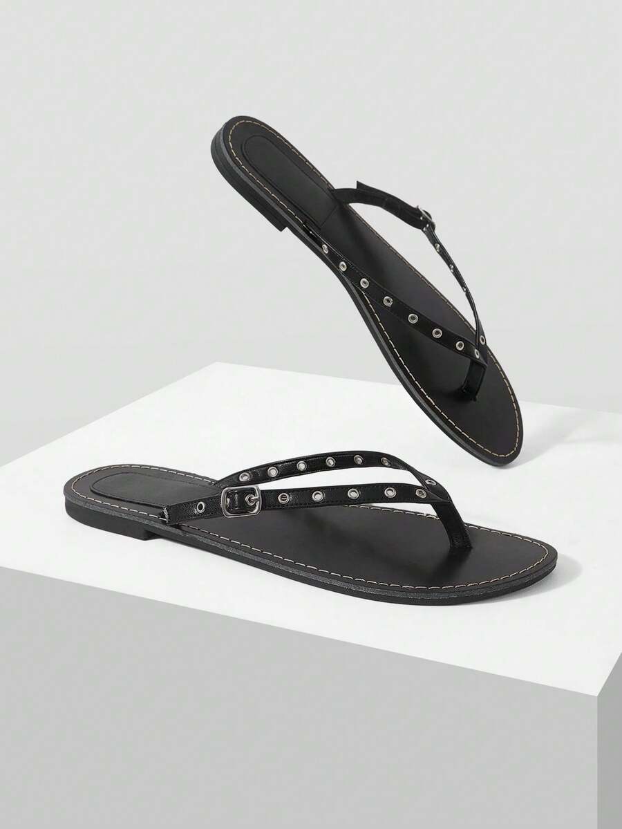 Mnmlis Flat Sandal With Crisscross Straps Adorned With Small Gold Studs. Summer Shoes - Black 3 - View 1