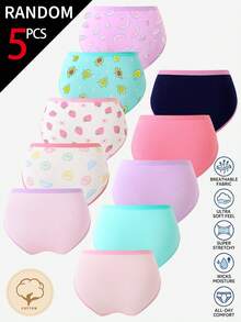 SHEIN 5件組女童幼兒內褲，四季日常穿著，多色卡通檸檬、酪梨、草莓、甜甜圈水果印花，可追溯高品質柔軟純棉，現代時尚舒適透氣親膚輕量耐穿，幼女內衣必需品套裝 - 彩色 - 查看 2
