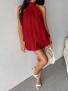 SHEIN Tall 女款優雅紅色掛脖綁帶迷你洋裝，適合派對、約會，秋冬/春夏皆宜，女款優雅洋裝 - 紅色 - 查看 8