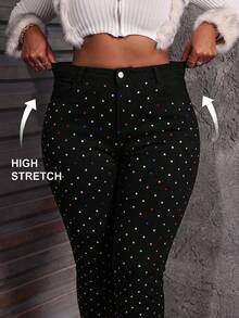 Slaydiva Plus Size Women's Rhinestone Embellished Casual Daily Wear Jeans - Black - View 8
