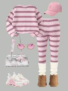SHEIN 女童幼童春秋冬季圓領衛衣套裝，長袖圓領上衣與內搭褲套裝，條紋圖案搭配 New York 字母元素，適合春秋冬季穿著，日常穿著、週末外出，可愛穿搭，女童幼童冬季衛衣套裝 - 彩色 - 查看 2