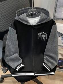 SHEIN 1件裝青少年男孩休閒運動學院風復古連帽夾克，抓絨材質針織衫，適合返校季、生日派對、晚宴、表演、婚禮、洗禮、開學典禮，適合日常穿著、上學、旅行、運動，適合秋冬季節 - 黑色 - 查看 4