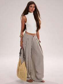 SHEIN Tall CURVE Plus Size Fashion Commuter Striped Curved Leg Pants Fall - Brown - View 3