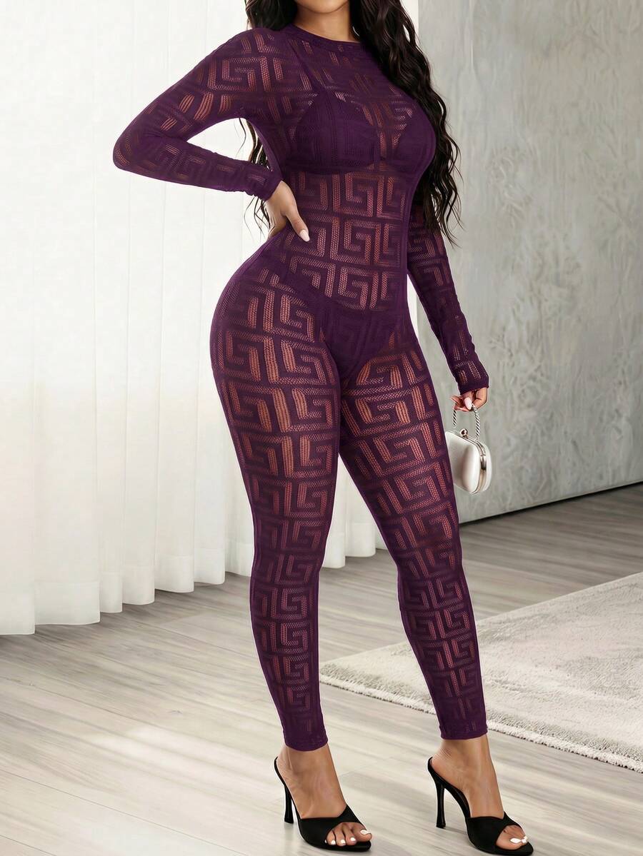 BamGleam Fashion Sexy Women's Mesh Tight Jumpsuit - Purple - View 1
