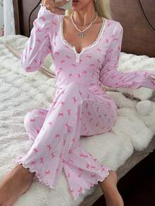 CottageSlumber Pink Bow Print Long Sleeve Long Pants Women's Pajama Set - Pink - View 1